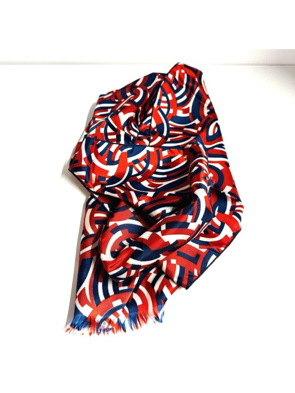 Vintage Red White Blue Geometric Scarf Fringed Rectangle Patriotic 44x10”